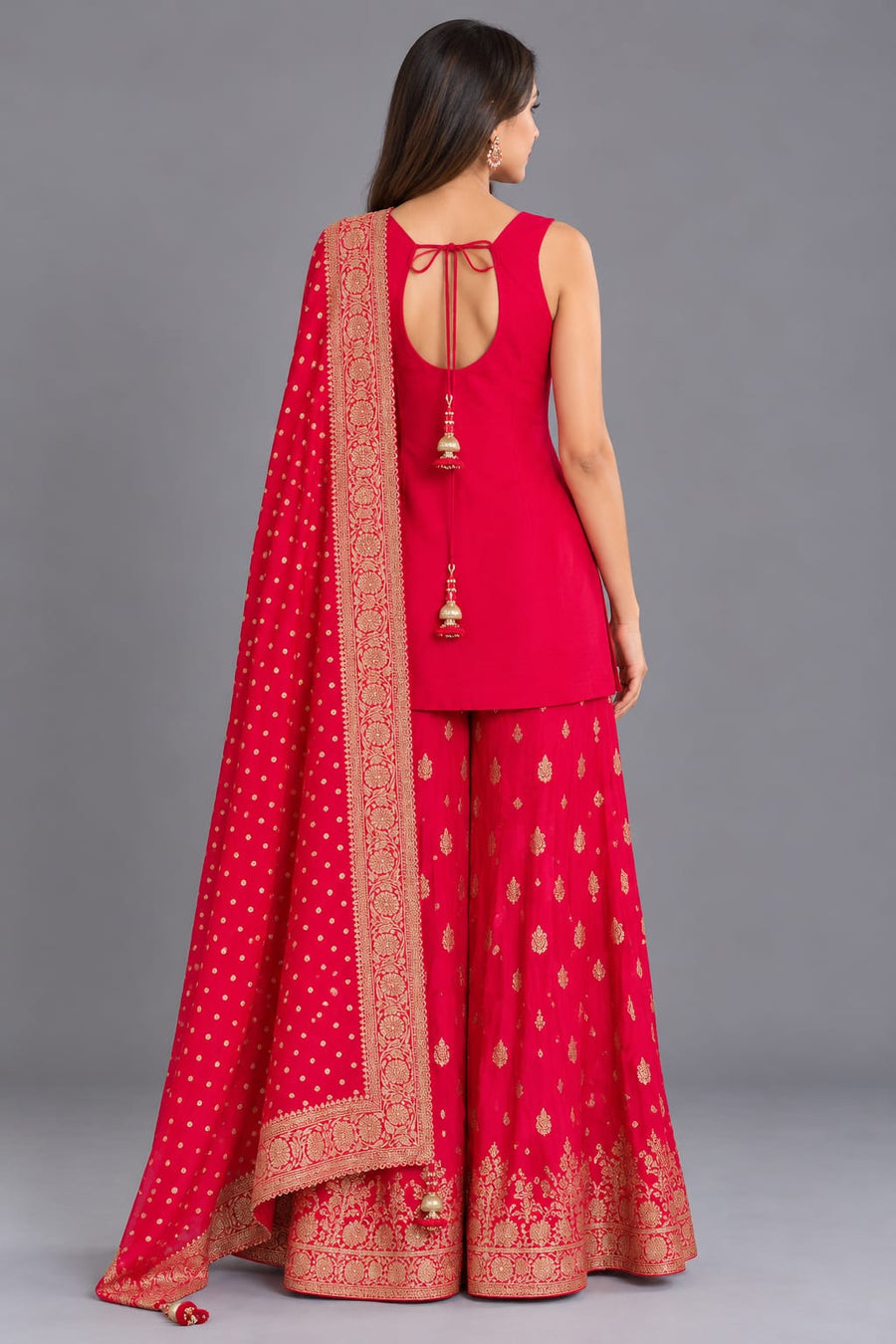 Red Embroidered Sharara Suit with Gold Work and Dupatta