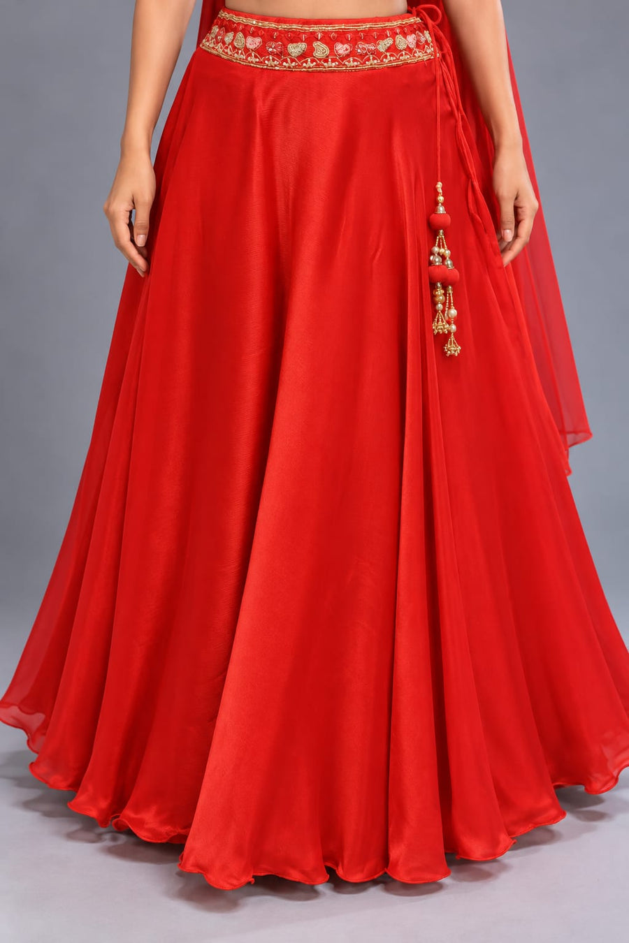 Red Flared Lehenga with Embroidered Blouse and Choker Dupatta