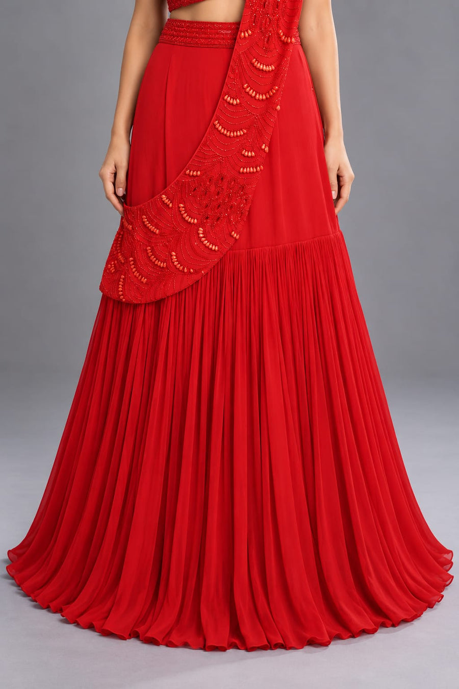 Red Flared Lehenga with Embroidered Blouse and Draped Dupatta