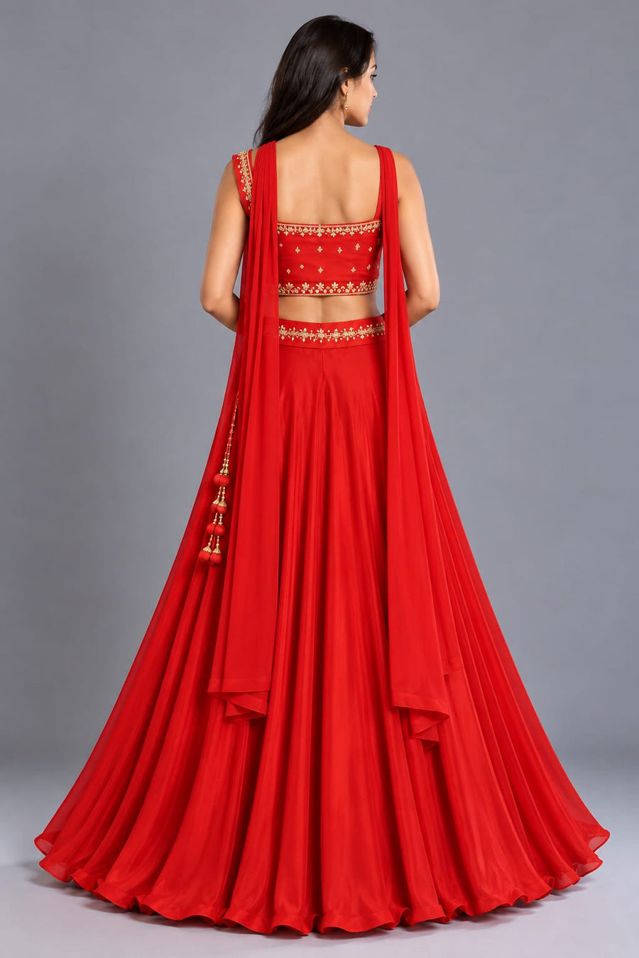 Red Flared Lehenga with Embroidered Blouse and Choker Dupatta