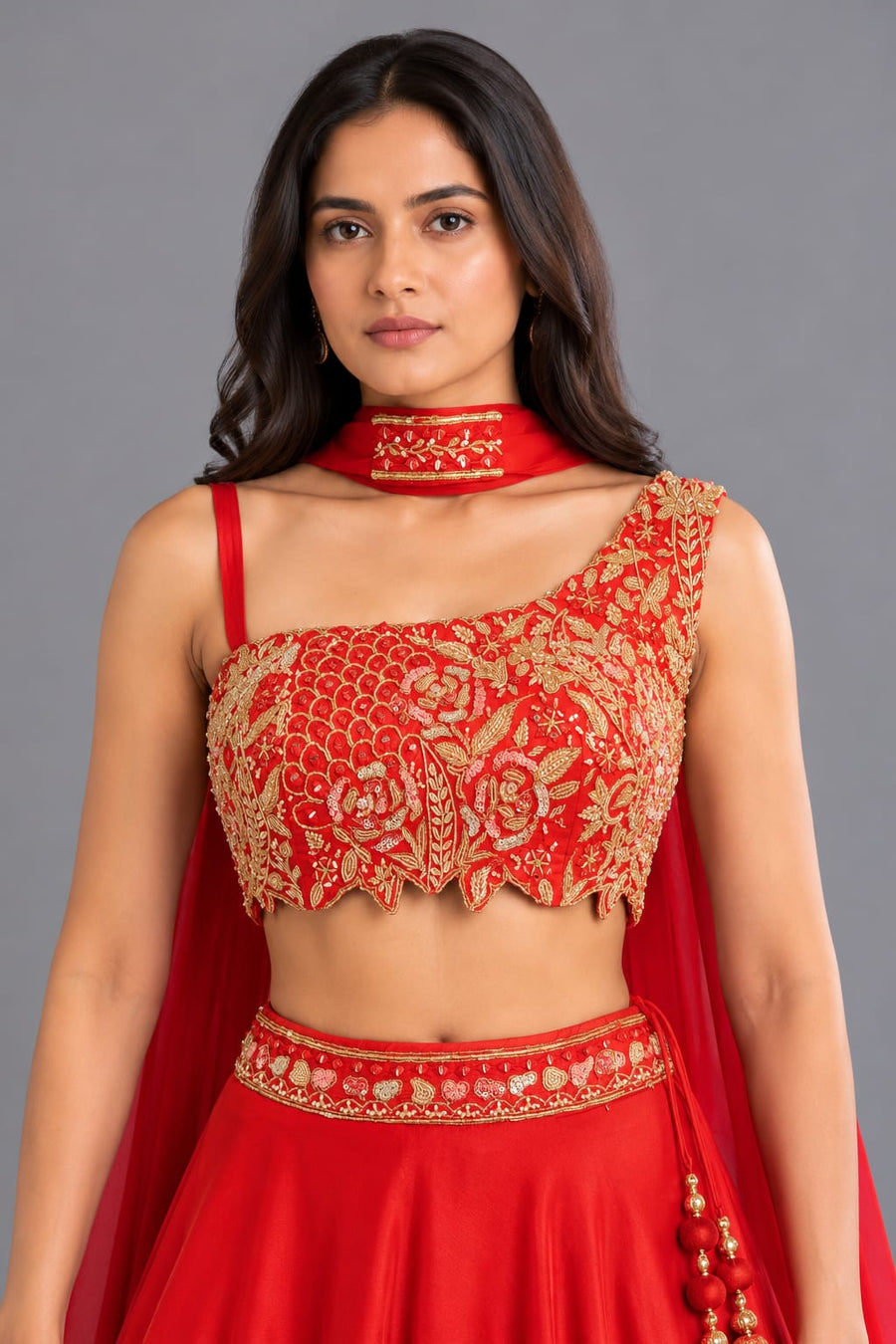Red Flared Lehenga with Embroidered Blouse and Choker Dupatta