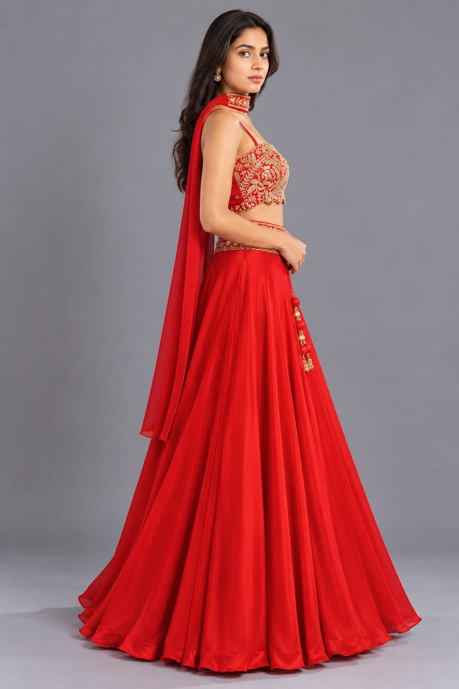 Red Flared Lehenga with Embroidered Blouse and Choker Dupatta