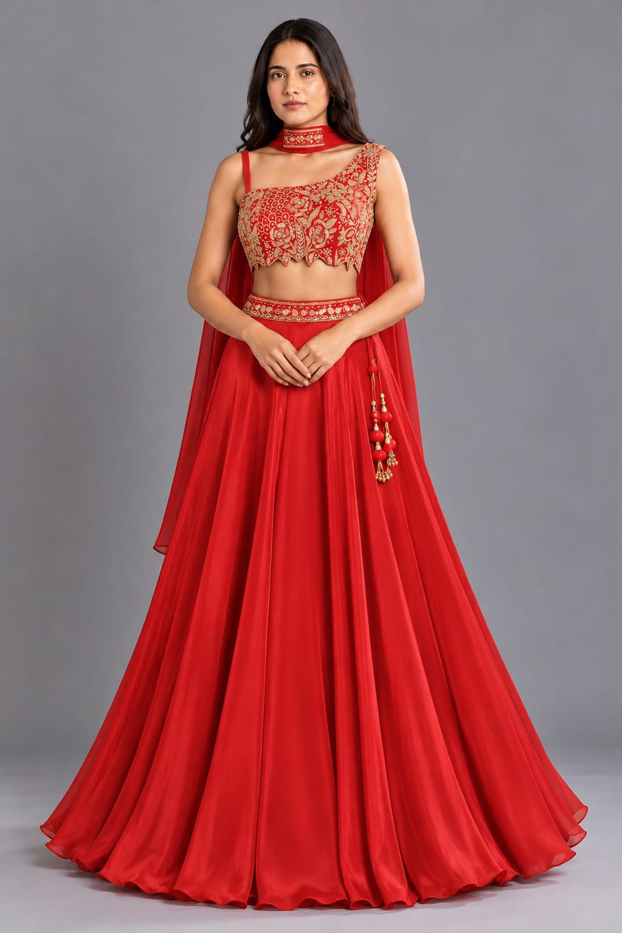 Red Flared Lehenga with Embroidered Blouse and Choker Dupatta
