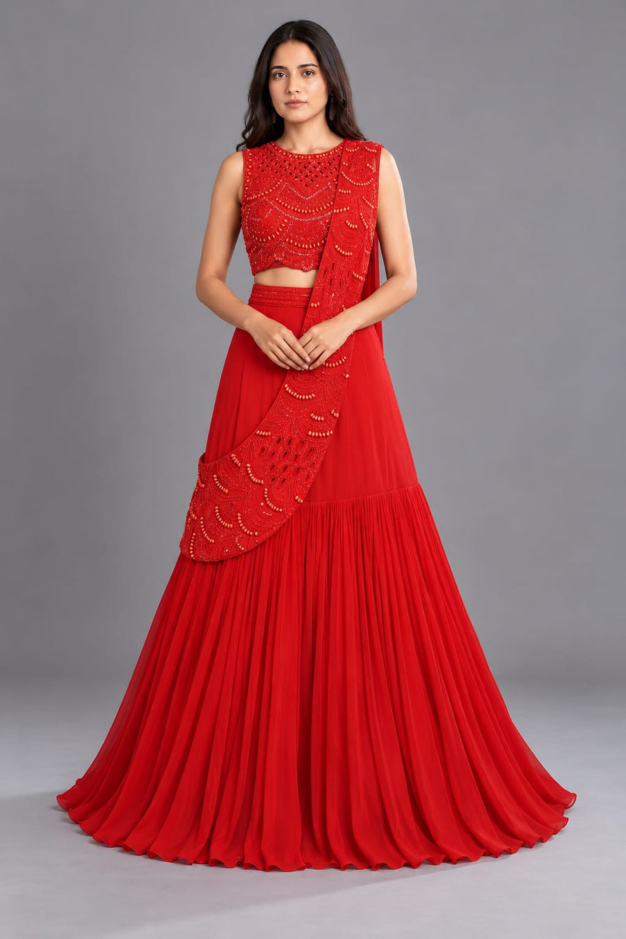 Red Flared Lehenga with Embroidered Blouse and Draped Dupatta