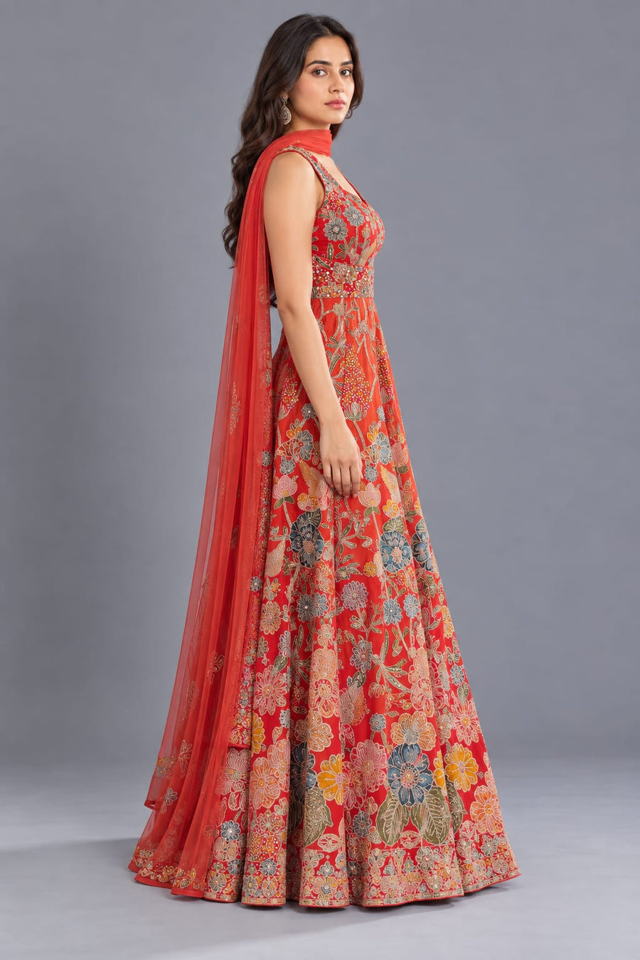 Red Floral Embroidered Anarkali Gown with Dupatta for Women