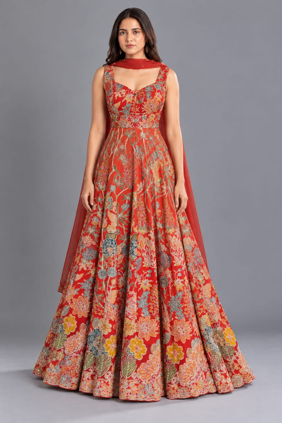 Red Floral Embroidered Anarkali Gown with Dupatta for Women