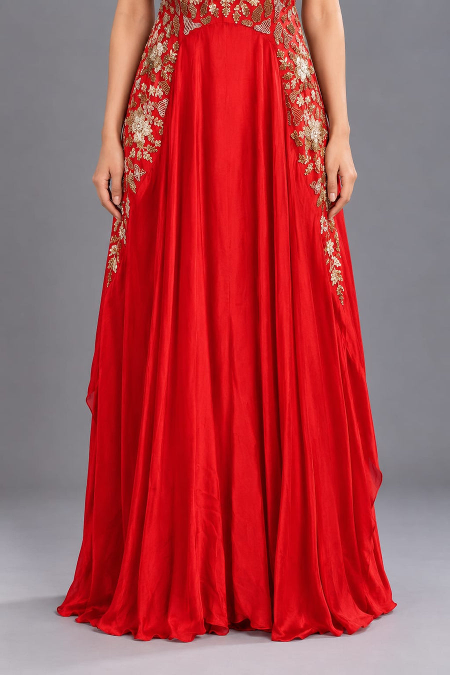 Red Halter Neck Anarkali Gown with Floral Embroidery for Party Wear
