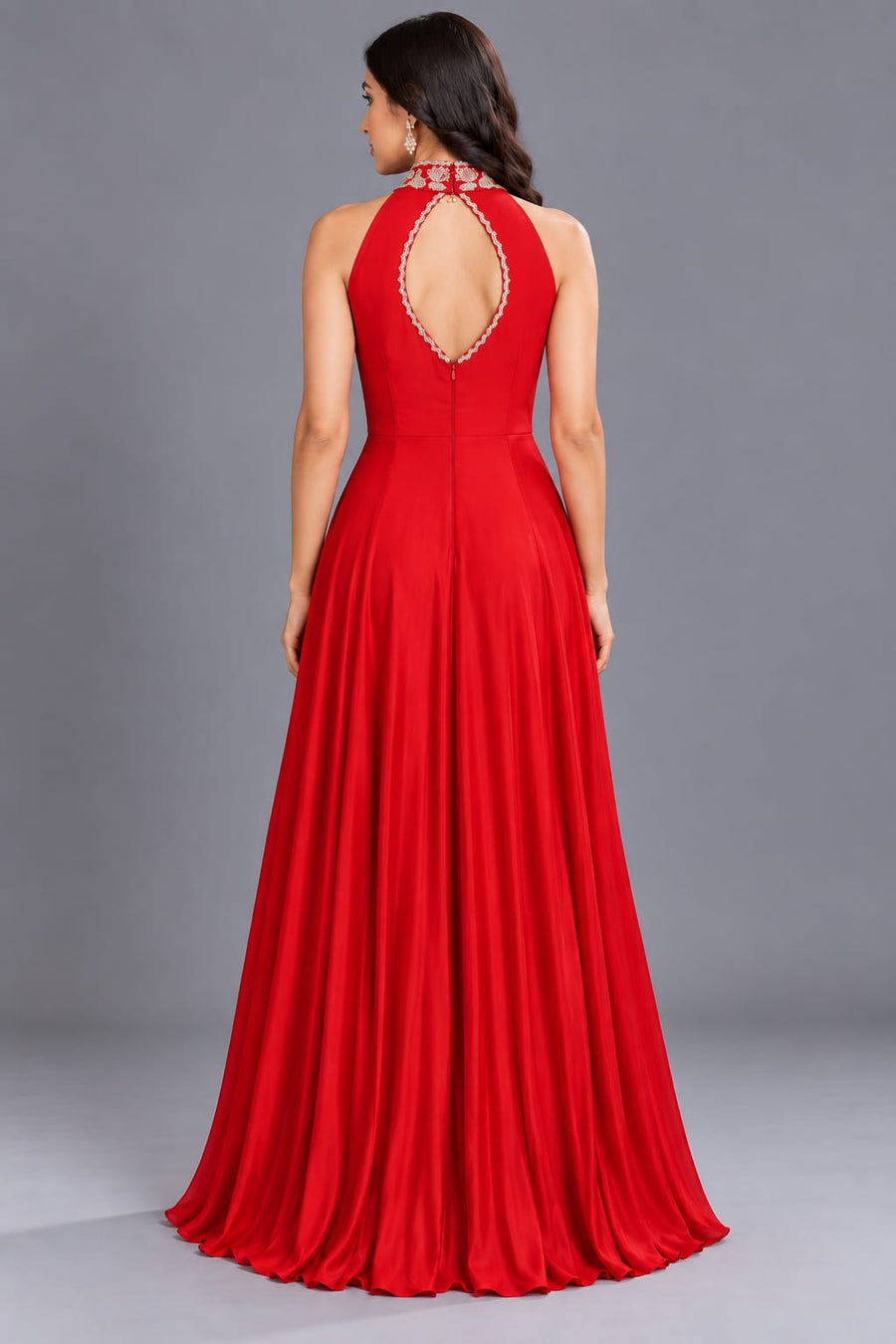 Red Halter Neck Anarkali Gown with Floral Embroidery for Party Wear