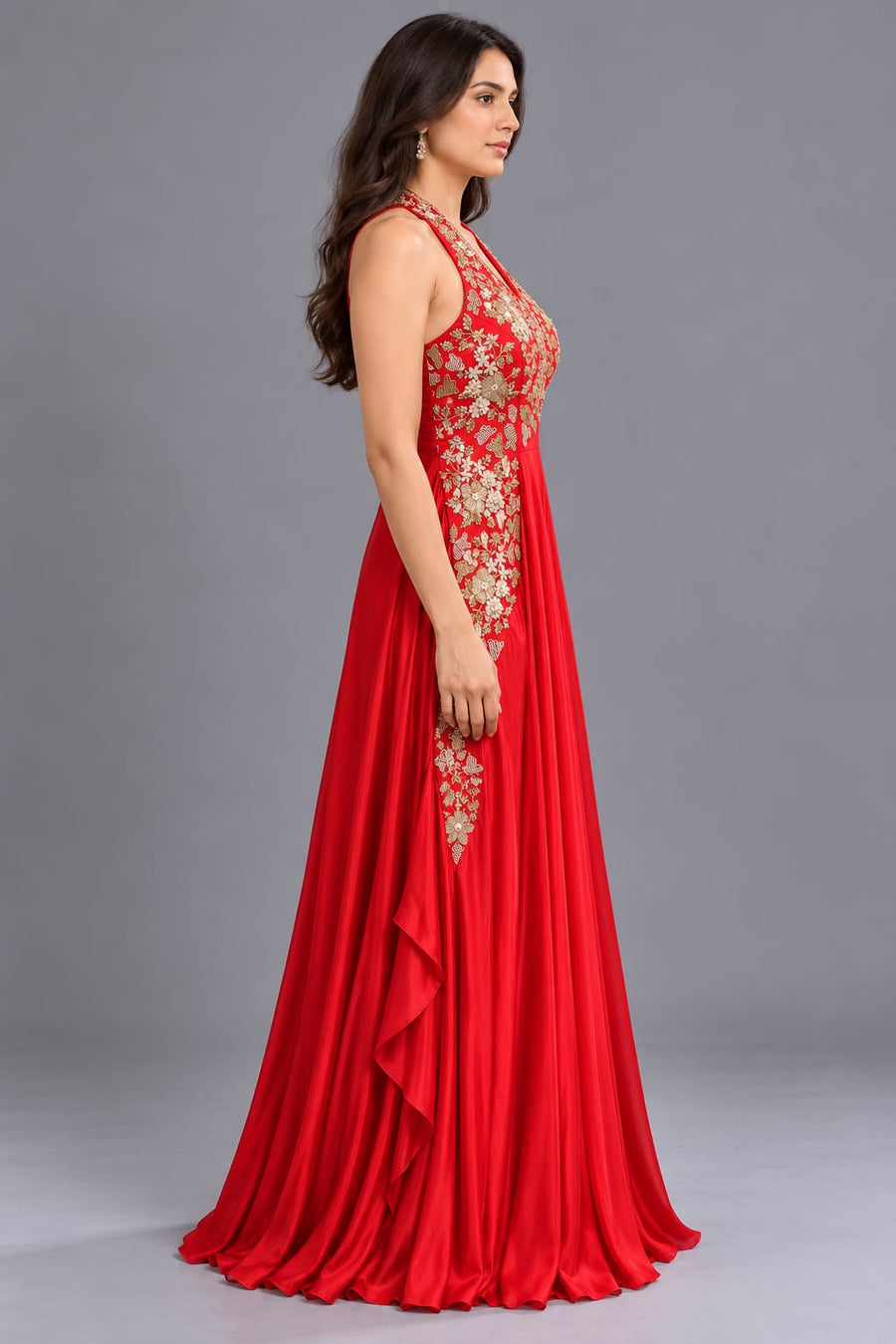 Red Halter Neck Anarkali Gown with Floral Embroidery for Party Wear