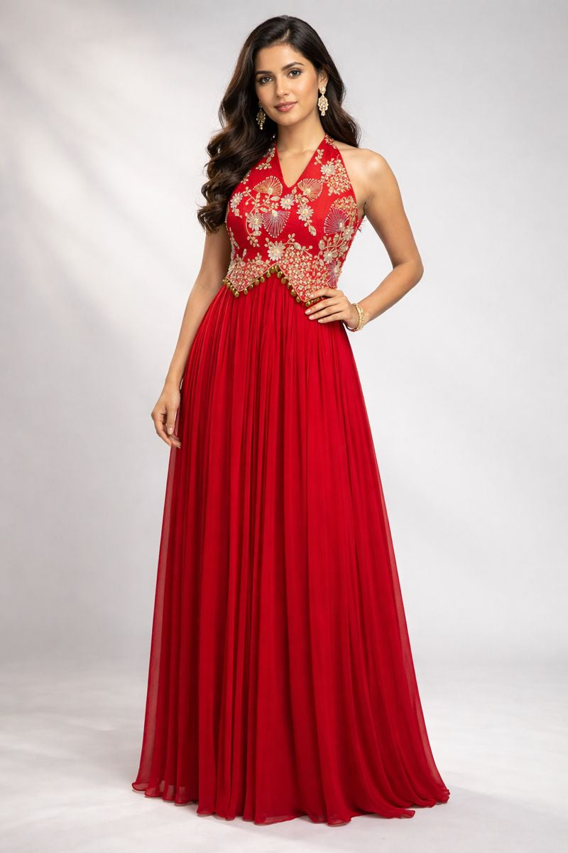  Red Halterneck Anarkali Suit 