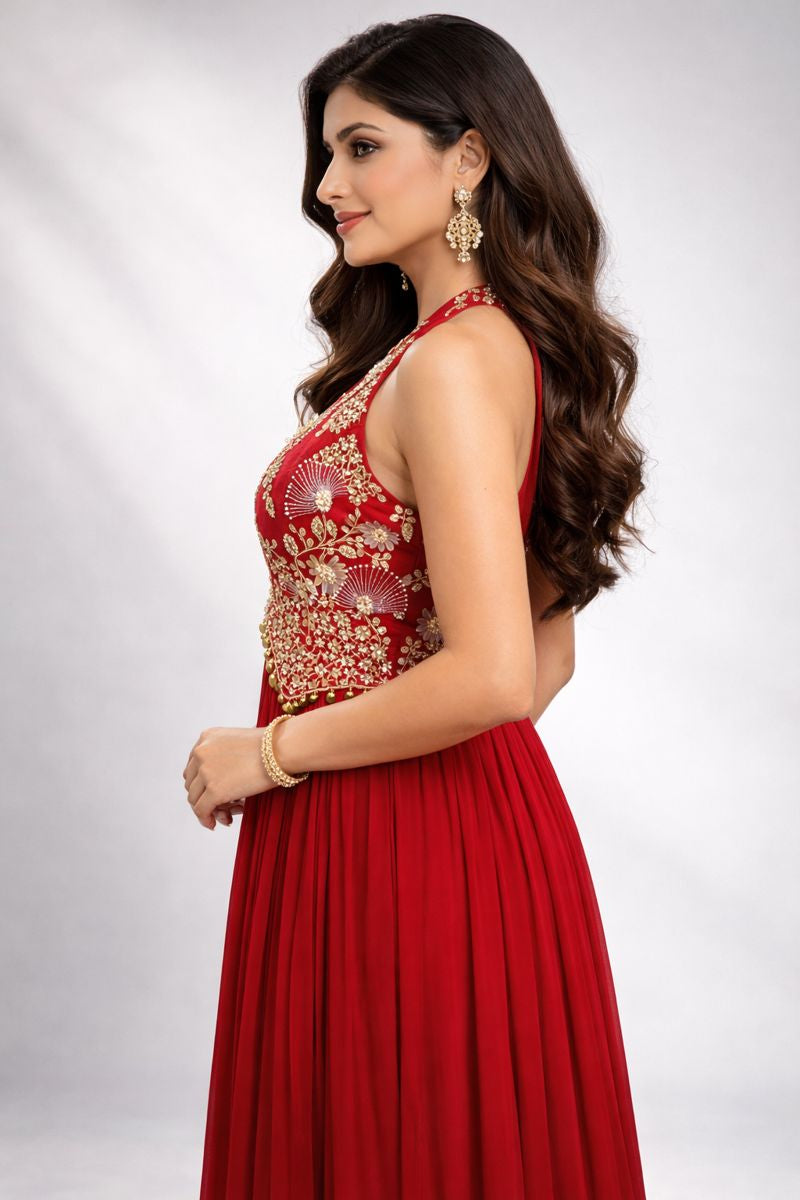  Red Halterneck Anarkali Suit 