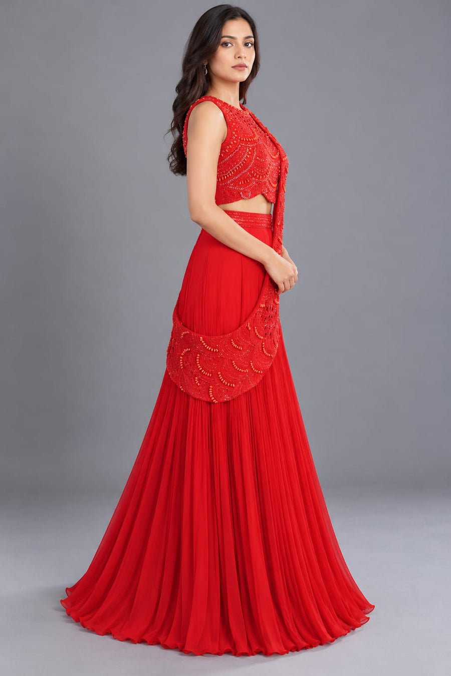 Red Flared Lehenga with Embroidered Blouse and Draped Dupatta