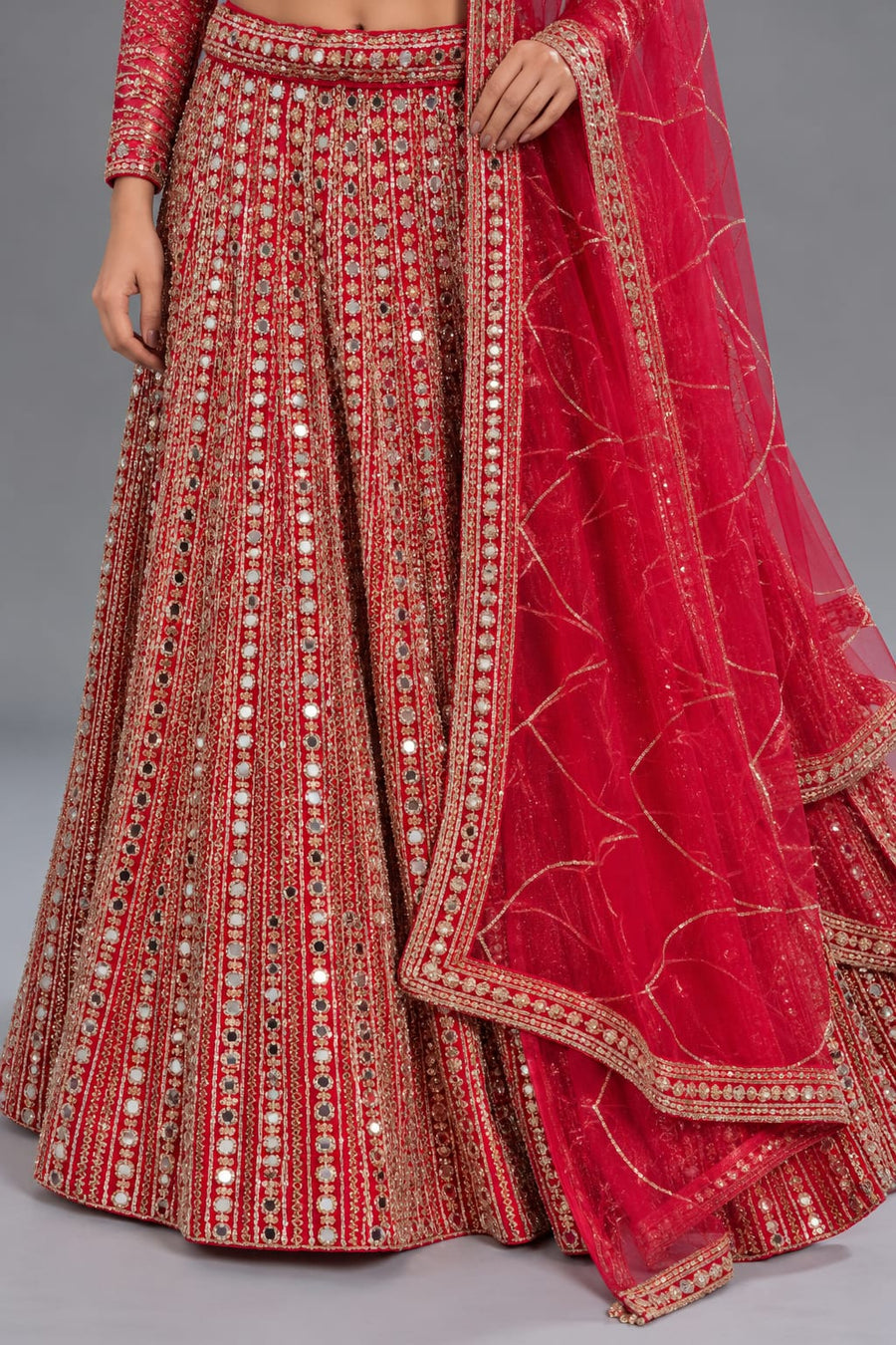 Red Mirror Work Designer Lehenga with Full Sleeves & Dupatta