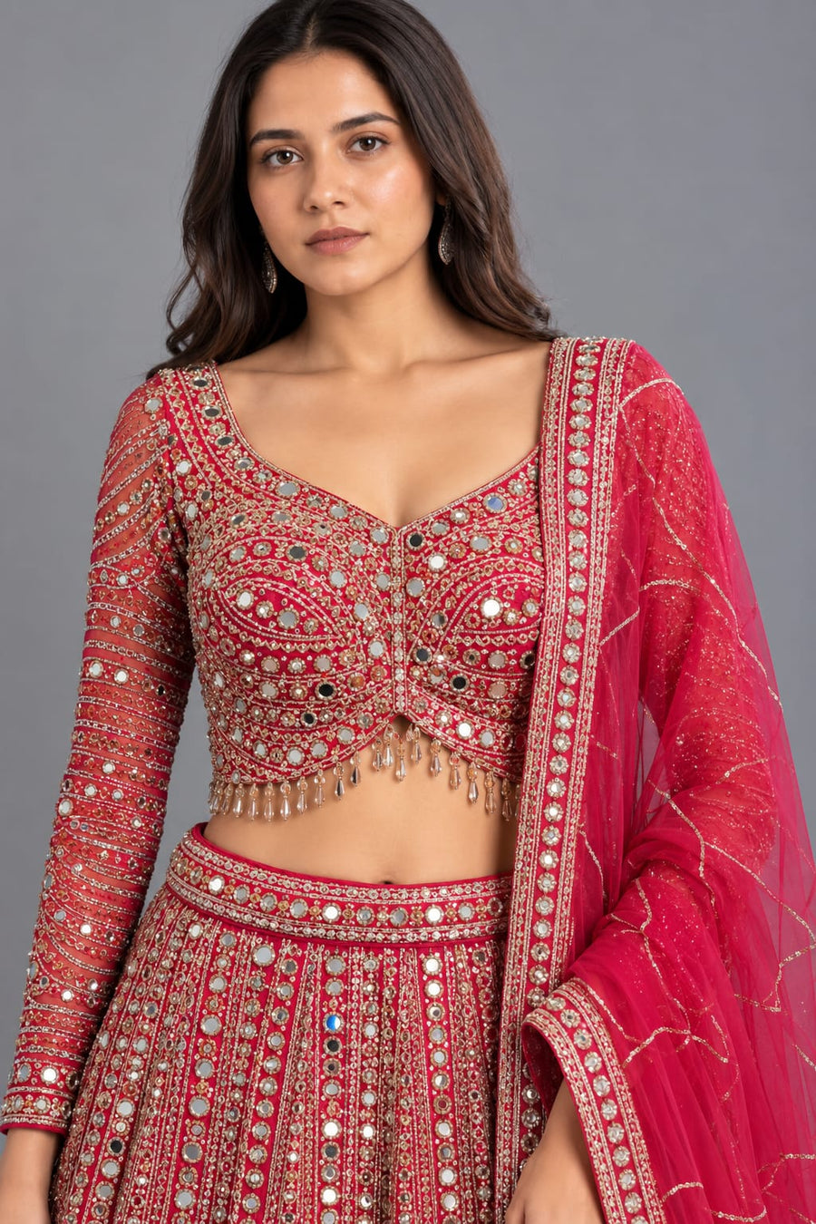 Red Mirror Work Designer Lehenga with Full Sleeves & Dupatta