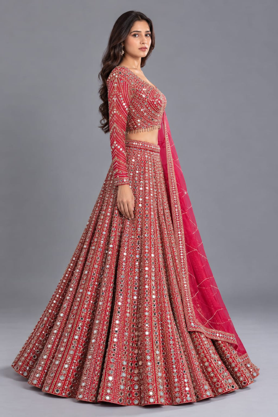 Red Mirror Work Designer Lehenga with Full Sleeves & Dupatta