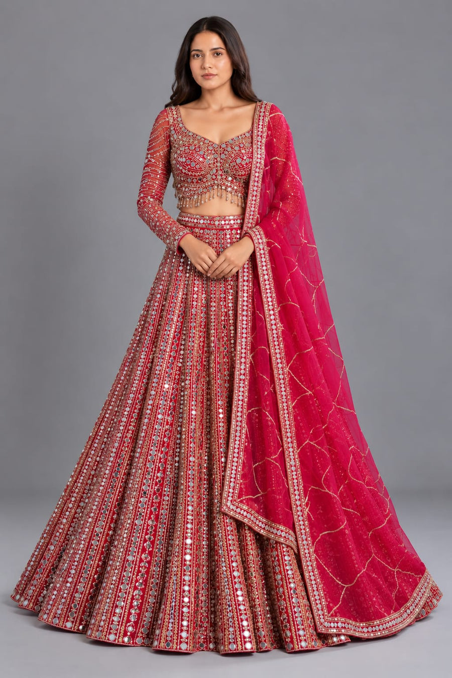 Red Mirror Work Designer Lehenga with Full Sleeves & Dupatta