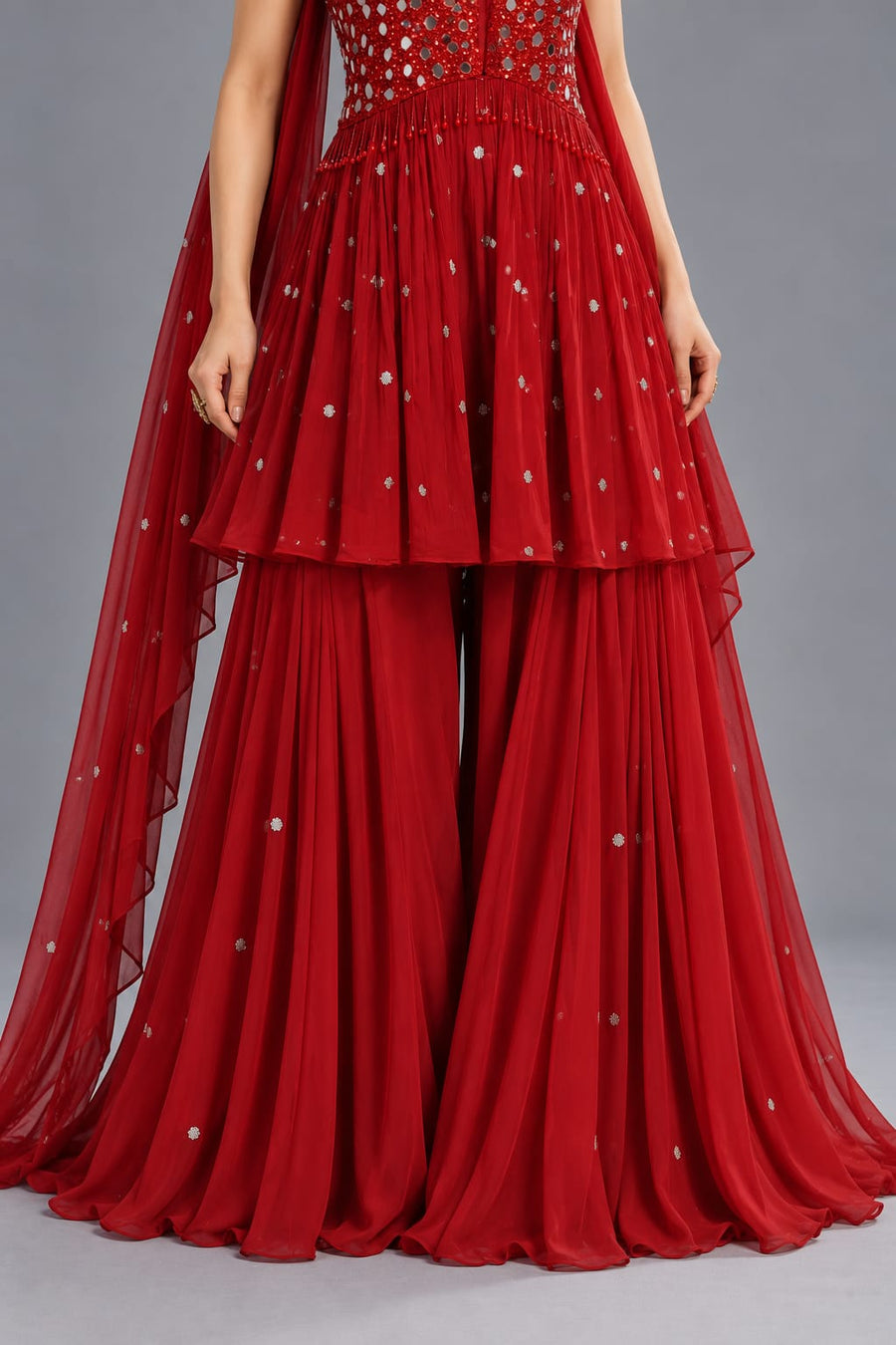 Red Mirror Work Peplum Sharara Set with Choker Dupatta for Women