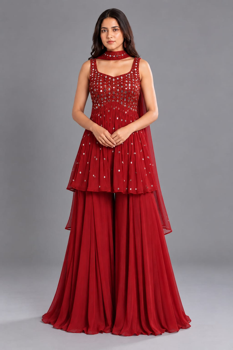 Red Mirror Work Peplum Sharara Set with Choker Dupatta for Women