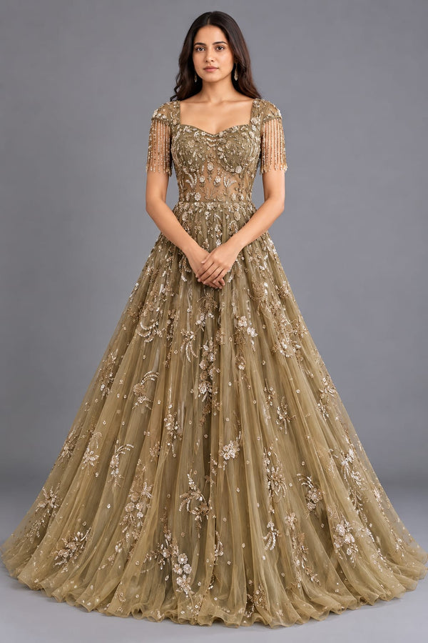 Regal Olive Gold Net Gown with Floral Embroidery and Fringe Sleeves