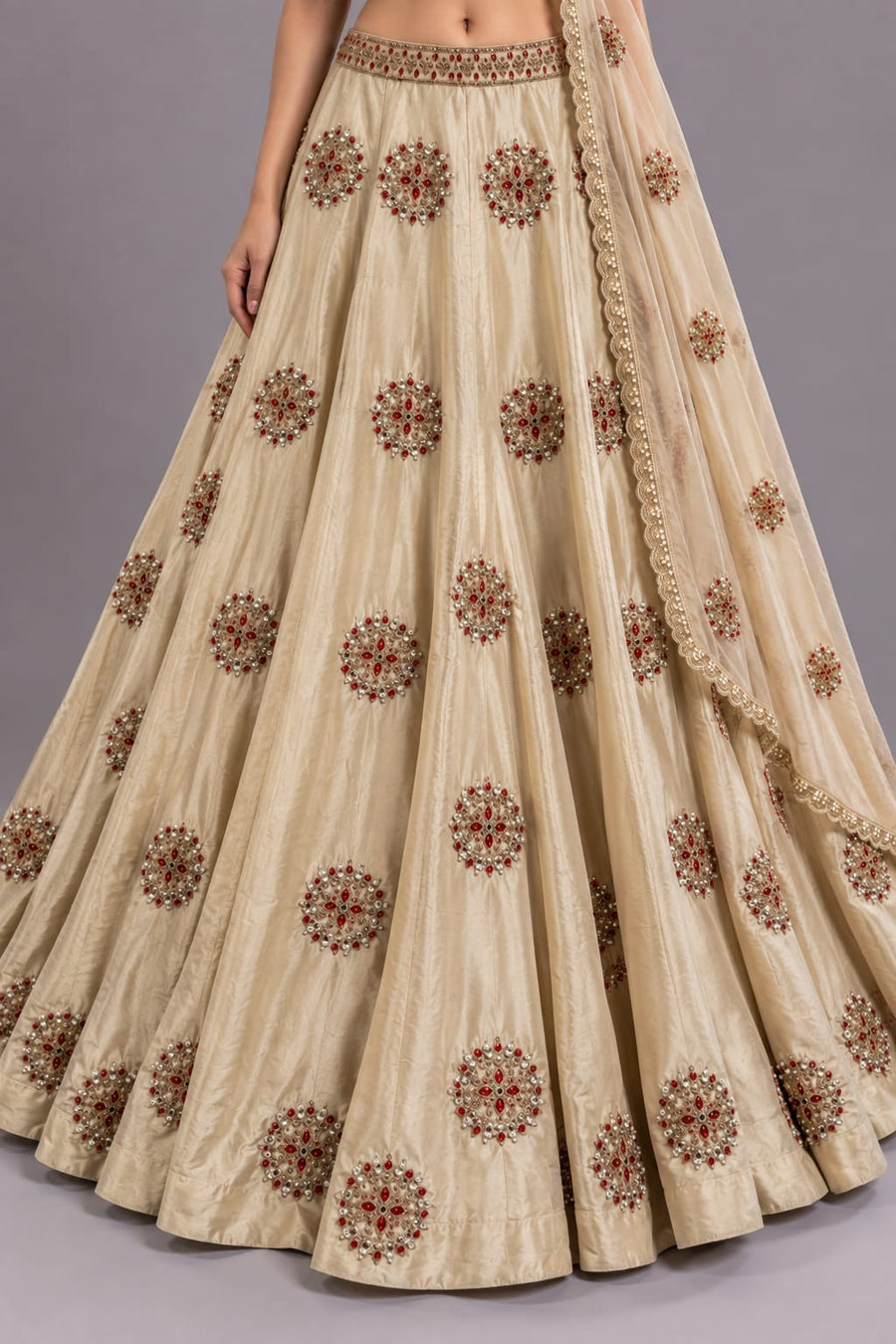 Champagne Gold Embellished Designer Lehenga with Red Stone Work