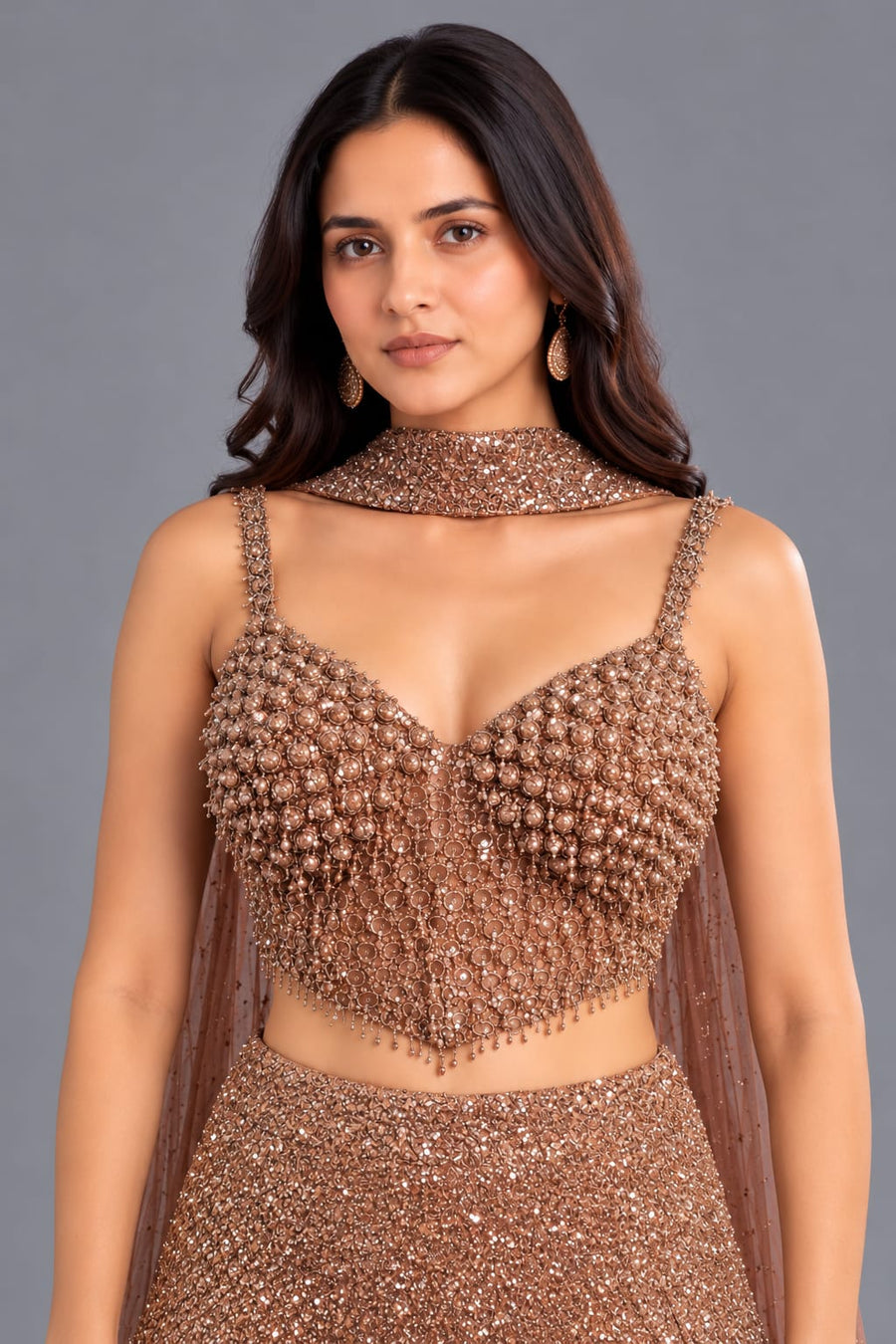 Rose Gold Designer Fishcut Lehenga with Sequin Work for Women
