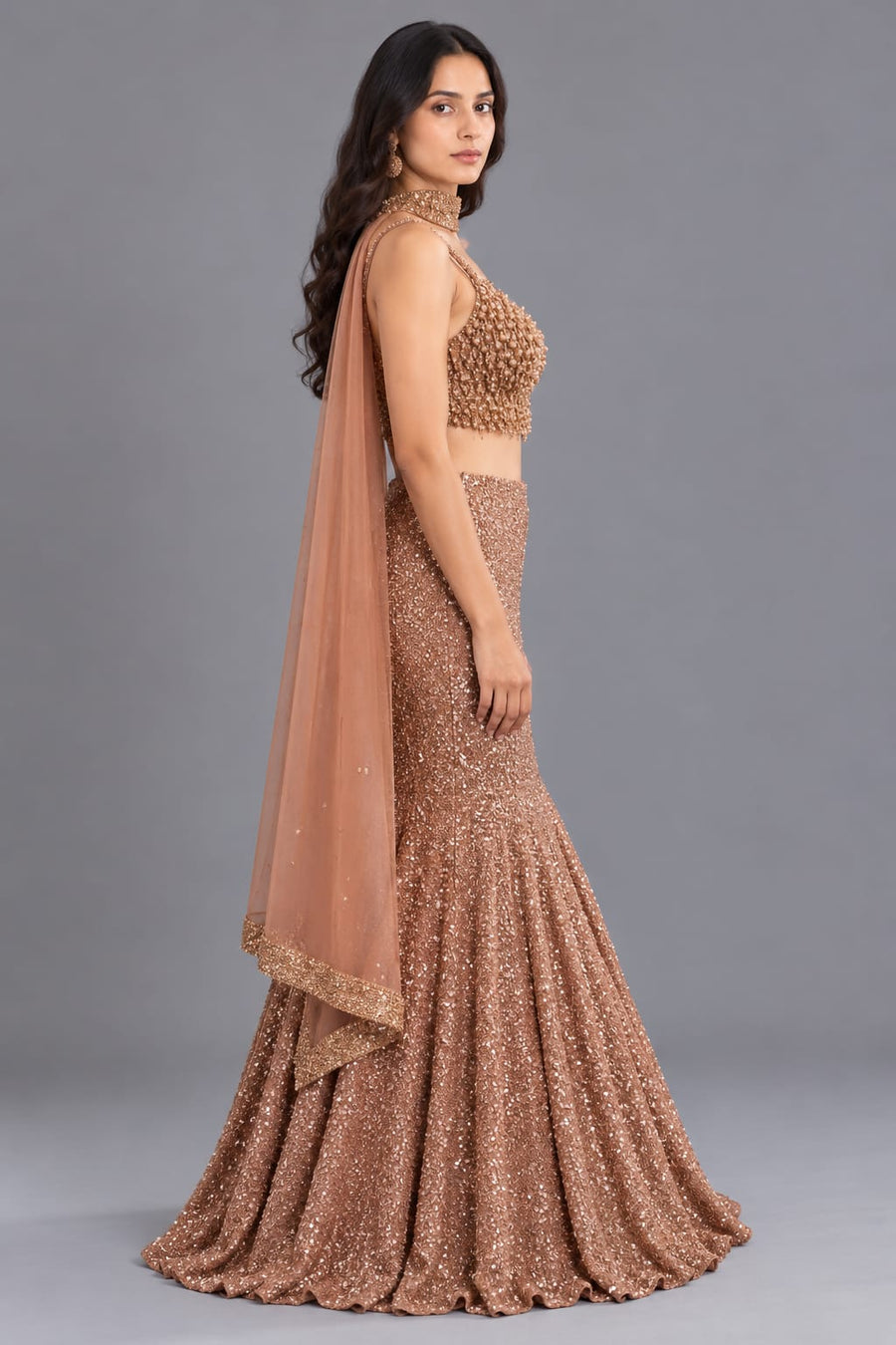 Rose Gold Designer Fishcut Lehenga with Sequin Work for Women