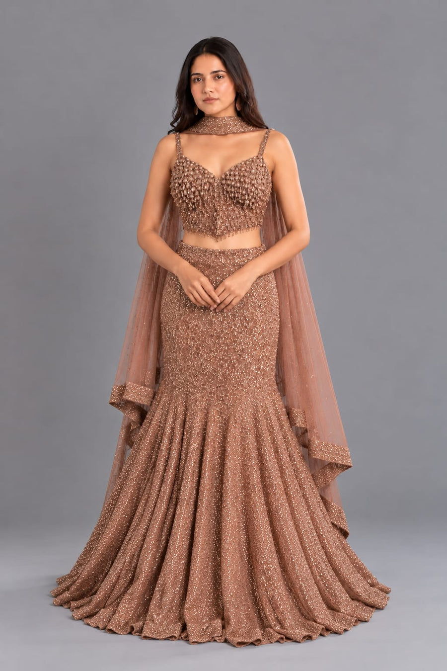 Rose Gold Designer Fishcut Lehenga with Sequin Work for Women