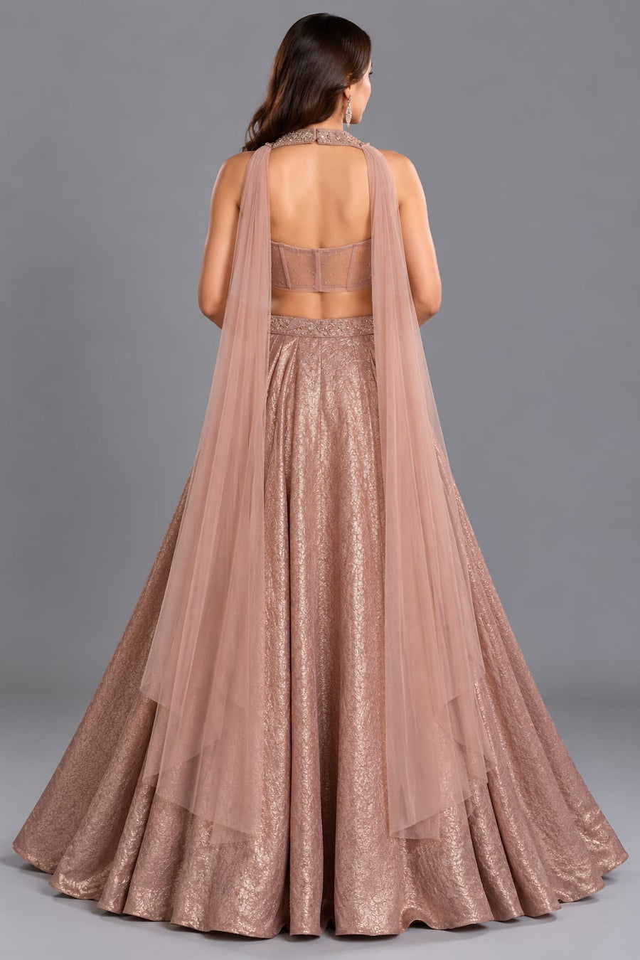 Rose Gold Embellished Halter Neck Lehenga for Women with Dupatta