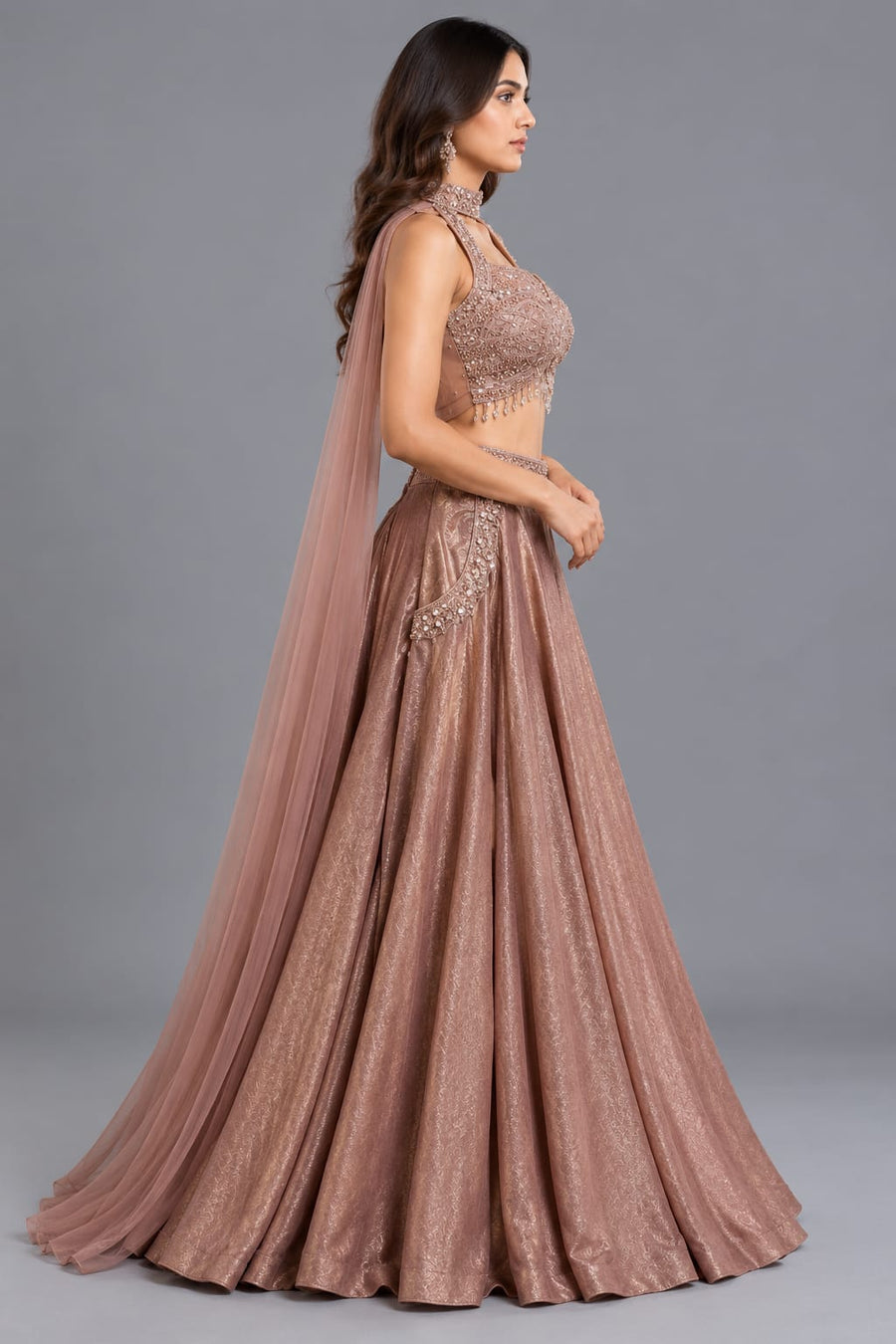 Rose Gold Embellished Halter Neck Lehenga for Women with Dupatta