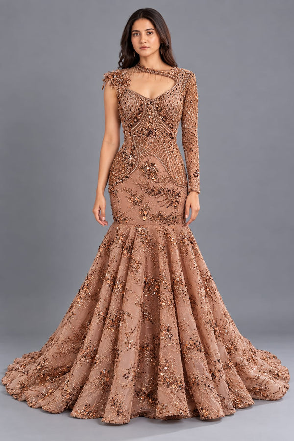 Rose Gold Embroidered Fishcut Gown with Asymmetric Sleeve Design