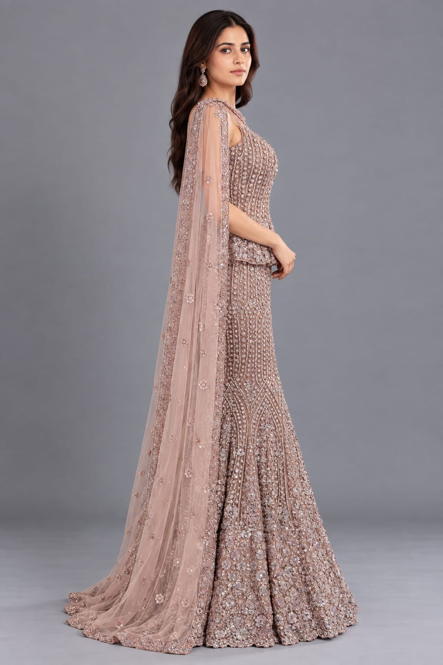 Rose Gold Fishcut Lehenga with Sequin Work for Sangeet Function