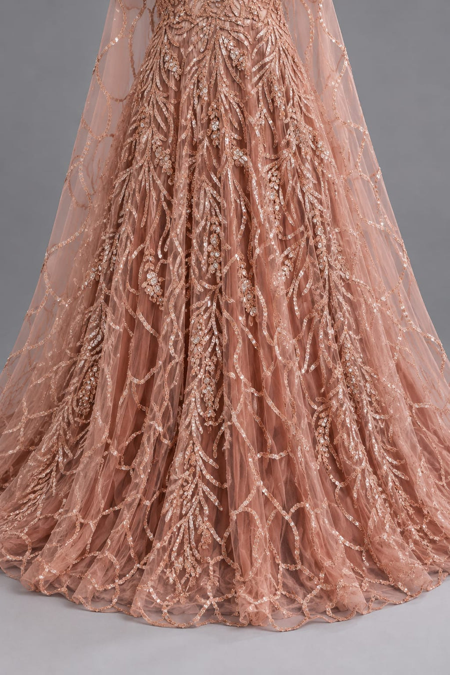 Rose Gold Sequin Embroidered Designer Gown with Cape Sleeves for Women