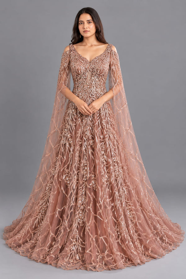 Rose Gold Sequin Embroidered Designer Gown with Cape Sleeves for Women