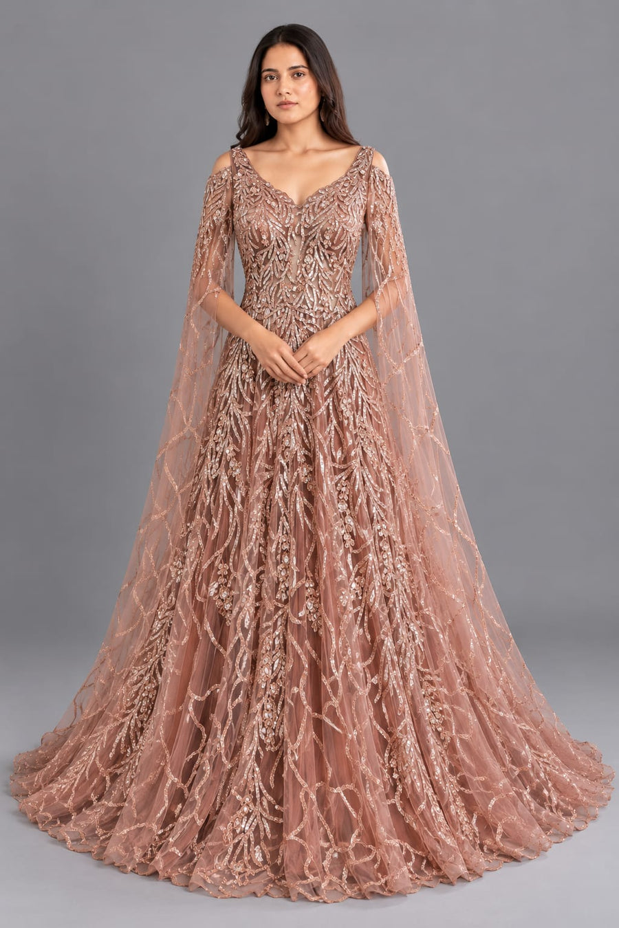 Rose Gold Sequin Embroidered Designer Gown with Cape Sleeves for Women