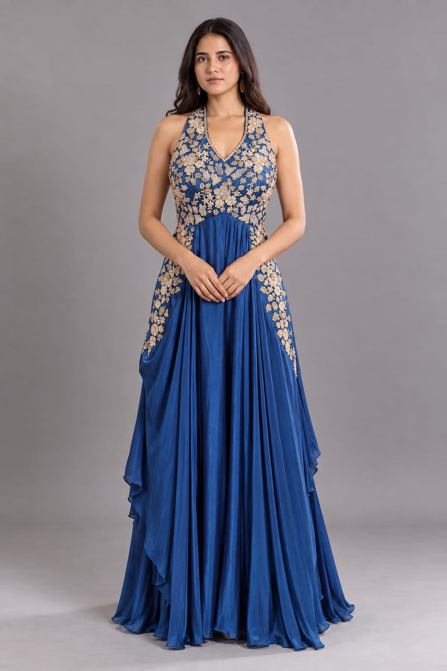 Royal Blue Halter Neck Anarkali with Golden Floral Embroidery for Women