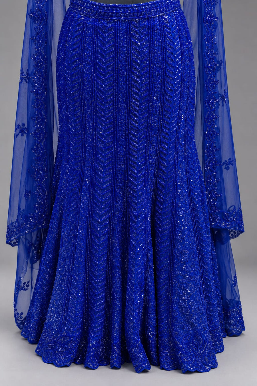 Royal Blue Sequin Fishcut Lehenga with Drape for Engagement Wear Style