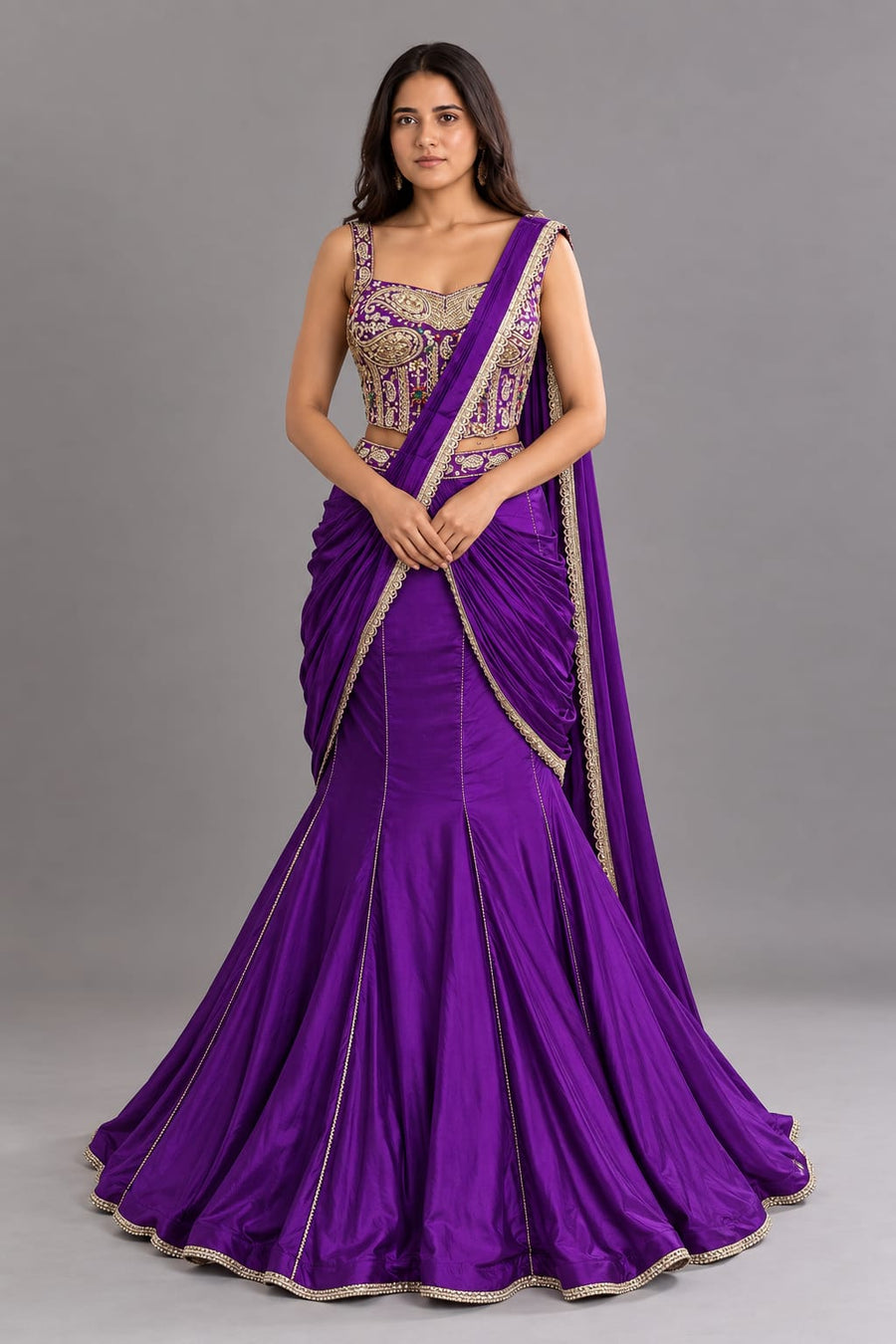 Royal Purple Drape Lehenga with Gold Embroidery | Vastrachowk