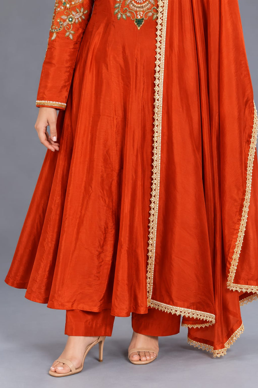 Rust Orange Embroidered Anarkali Suit with Dupatta and Pants