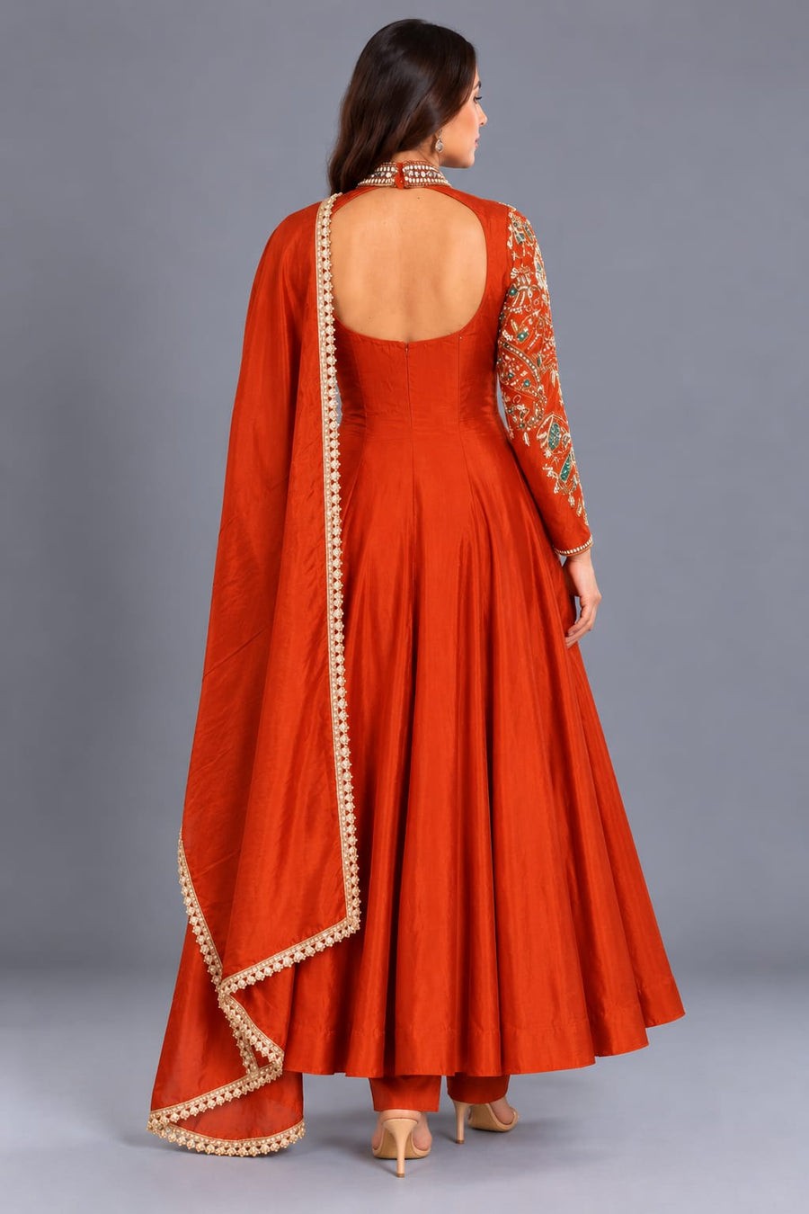 Rust Orange Embroidered Anarkali Suit with Dupatta and Pants