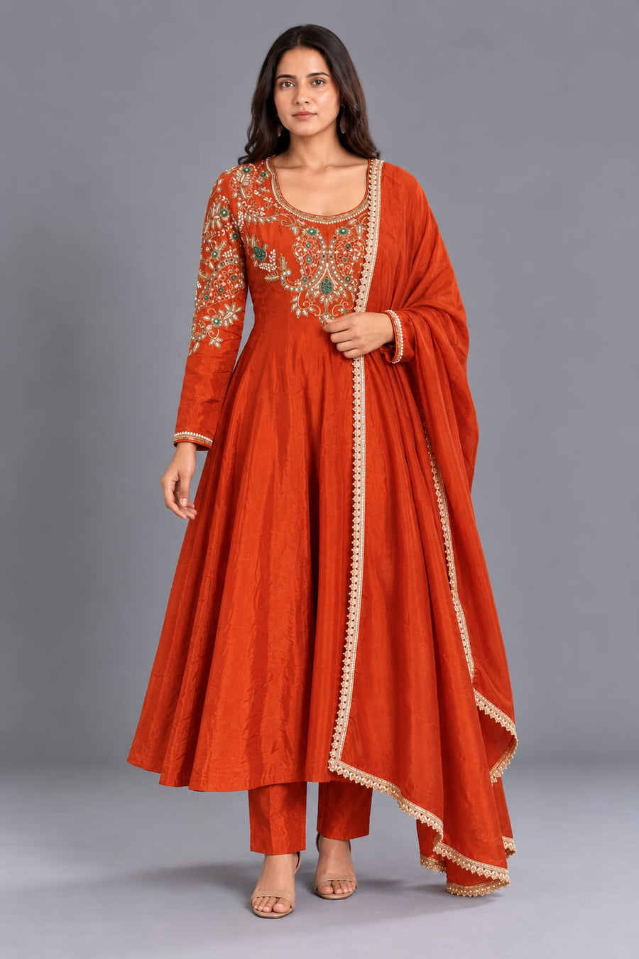 Rust Orange Embroidered Anarkali Suit with Dupatta and Pants