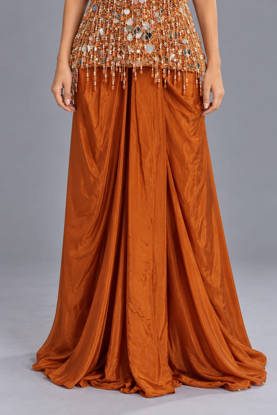 Rust Orange Mirror Work Peplum Top with Draped Skirt and Fringes