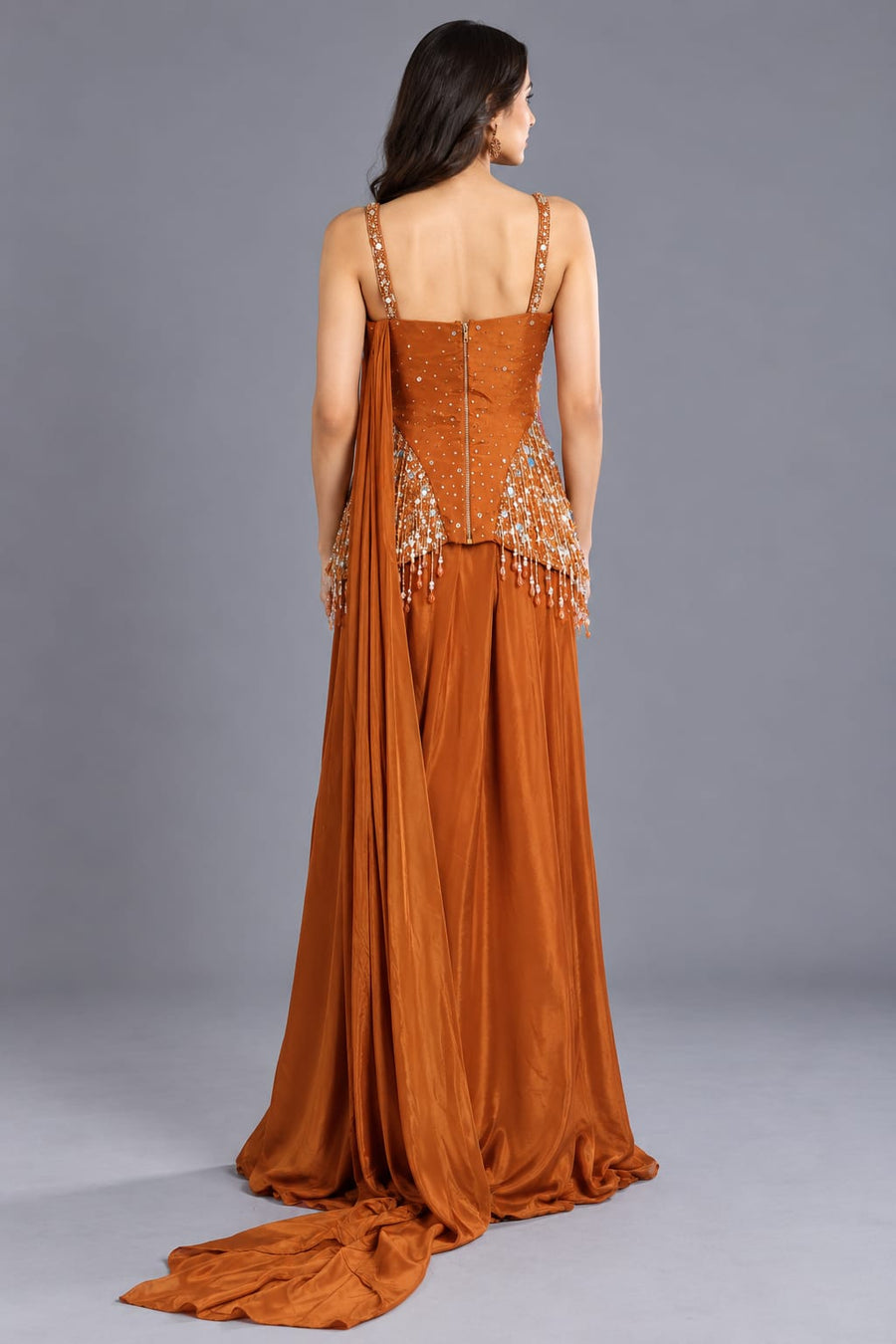Rust Orange Mirror Work Peplum Top with Draped Skirt and Fringes