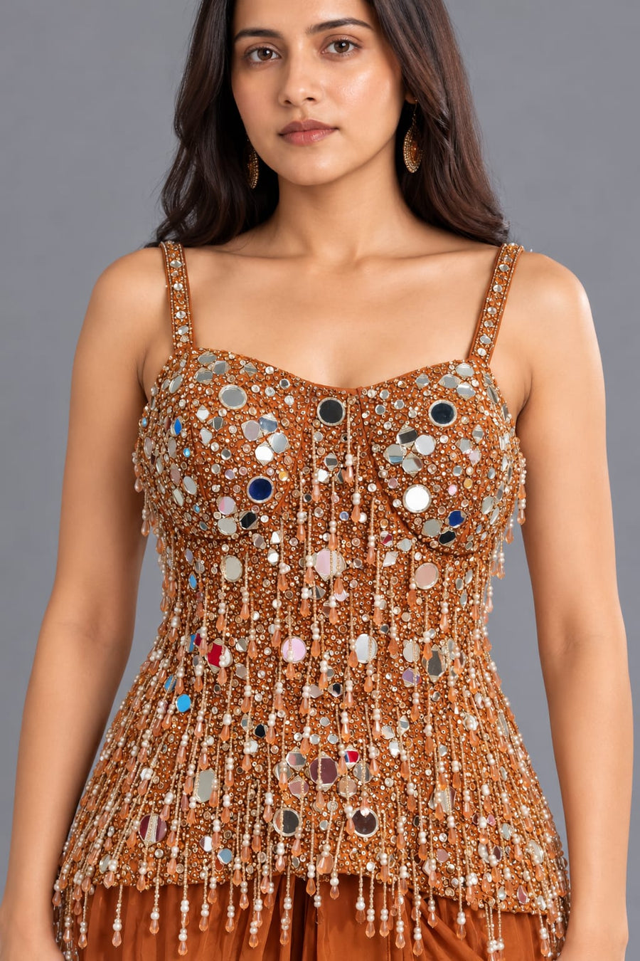 Rust Orange Mirror Work Peplum Top with Draped Skirt and Fringes