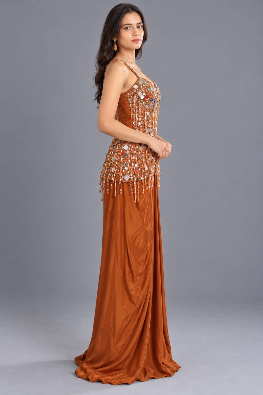 Rust Orange Mirror Work Peplum Top with Draped Skirt and Fringes