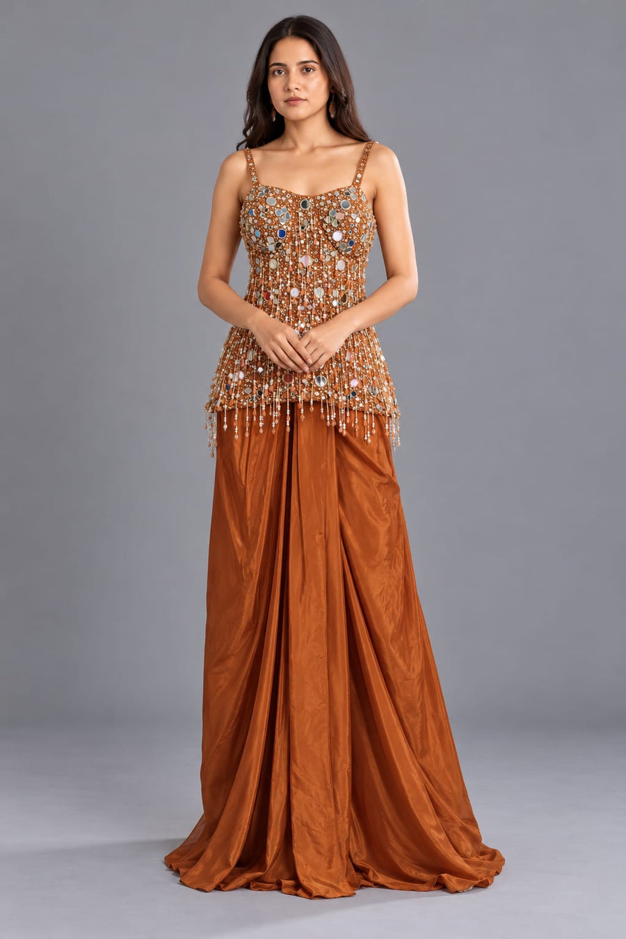 Rust Orange Mirror Work Peplum Top with Draped Skirt and Fringes