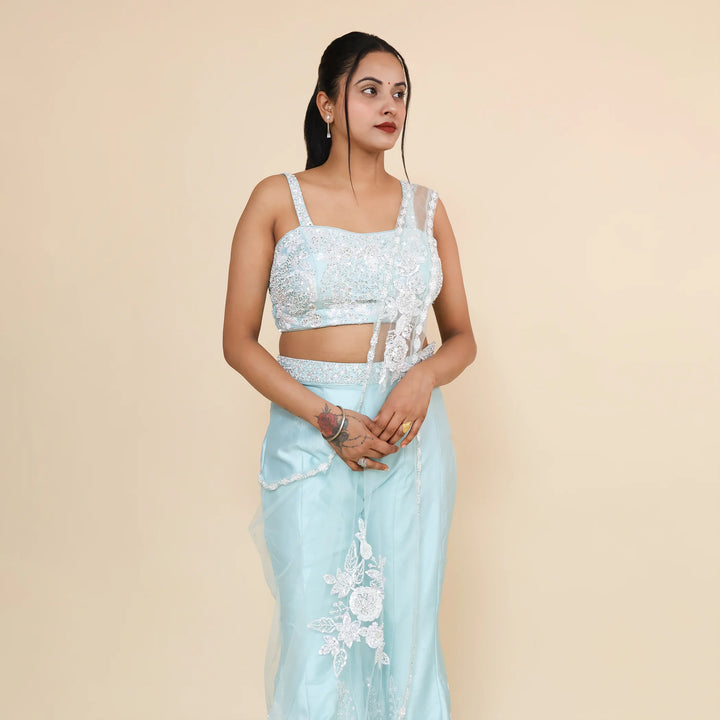 Sea Green Crop Top Sharara with Drape Dupatta- Vastrachowk