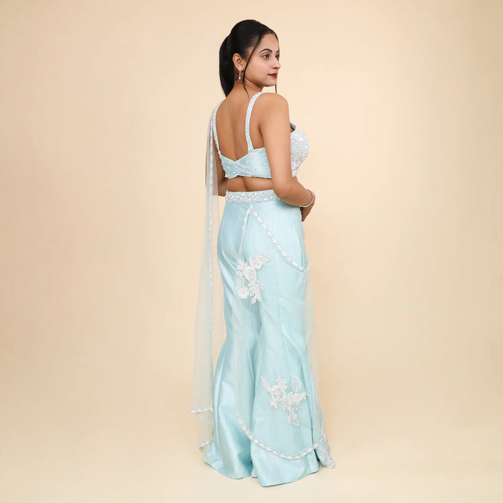 Sea Green Crop Top Sharara with Drape Dupatta- Vastrachowk