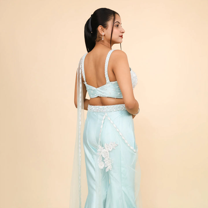 Sea Green Crop Top Sharara with Drape Dupatta- Vastrachowk