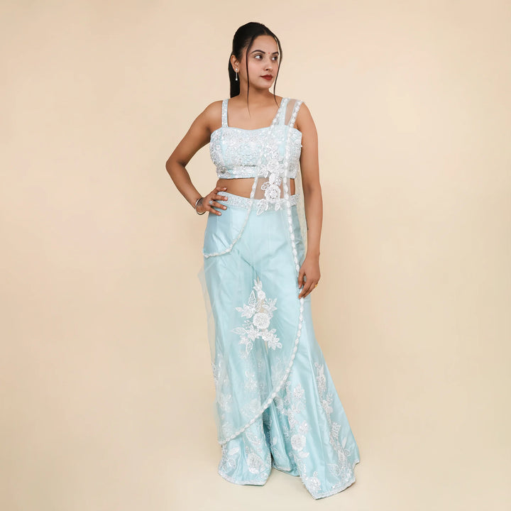 Sea Green Crop Top Sharara with Drape Dupatta