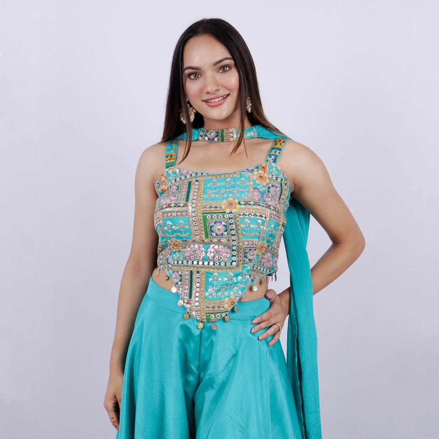 Sea Green Crop Top with Plazzo